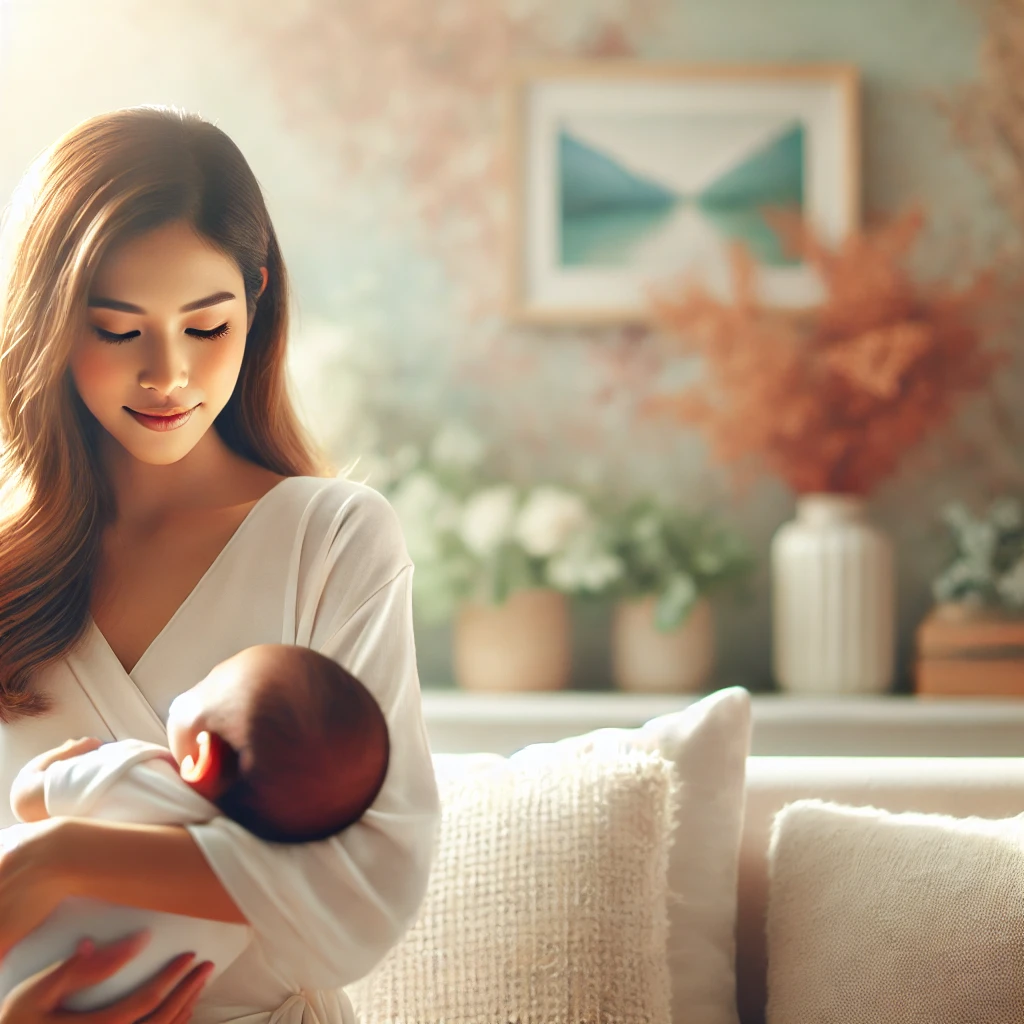 DALL·E 2025-10-17 23.22.01 - A realistic and uplifting image representing self-confidence during the postpartum period. The scene shows a young mother in a soft, warmly lit home e